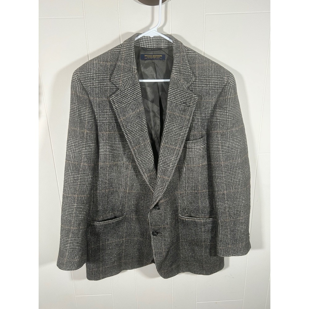 VTG Brooks Brothers 100% Camel Hair Blazer Mens 44 Grey Glen Plaid Made in USA
